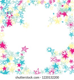 Frame of Doodle Stars. Hand Drawn Christmas Background for Print, Card, Brochure. Bright Starry Pattern with Simple Freehand Elements. Funny Vector Background for Party Decoration.