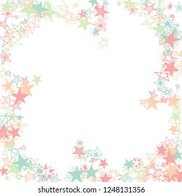 Frame of Doodle Stars. Hand Drawn Christmas Background for Print, Card, Brochure. Bright Starry Pattern with Simple Freehand Elements. Funny Vector Background for Party Decoration.