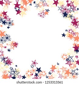 Frame of Doodle Stars. Hand Drawn Holiday Background for Placard, Poster, Banner. Bright Starry Pattern with Simple Freehand Elements. Trendy Vector Background for Party Decoration.