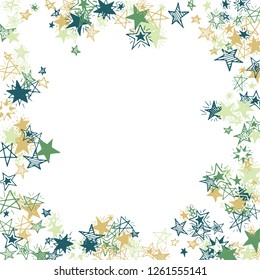 Frame of Doodle Stars. Hand Drawn Holiday Background for Print, Card, Brochure. Bright Starry Pattern with Simple Freehand Elements. Pretty Vector Background for Party Decoration.