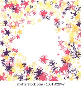 Frame of Doodle Stars. Hand Drawn Holiday Background for Placard, Poster, Banner. Bright Starry Pattern with Simple Freehand Elements. Funny Vector Background for Party Decoration.