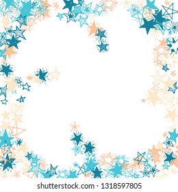 Frame of Doodle Stars. Hand Drawn Holiday Background for Print, Card, Brochure. Bright Starry Pattern with Simple Freehand Elements. Funny Vector Background for Party Decoration.