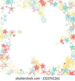 Frame of Doodle Stars. Hand Drawn Christmas Background for Print, Card, Brochure. Bright Starry Pattern with Simple Freehand Elements. Cute Vector Background for Party Decoration.