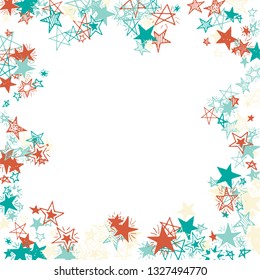 Frame of Doodle Stars. Hand Drawn Christmas Background for Card, Poster, Banner. Bright Starry Pattern with Simple Freehand Elements. Trendy Vector Background for Party Decoration.