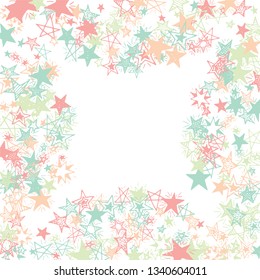 Frame of Doodle Stars. Hand Drawn Holiday Background for Print, Cover, Brochure. Bright Starry Pattern with Simple Freehand Elements. Trendy Vector Background for Party Decoration.