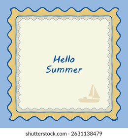Frame, doodle wave edge border Set. Hand drawn paint brush wavy line stroke, blue marine color background. Summer square geometric shape poster. Text copy space. Modern vector illustration