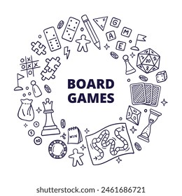 Frame with doodles of board games. Puzzle, domino, chess, cards, and other. Fun hobby and recreation. Hand-drawn vector illustrations isolated on a white background.