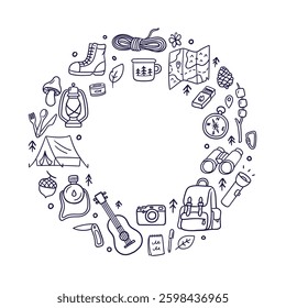 Frame with doodles of camping and outdoor adventure. Includes tent, backpack, campfire, compass, binoculars, boots, guitar, and nature elements. Vector illustration isolated on a white background.