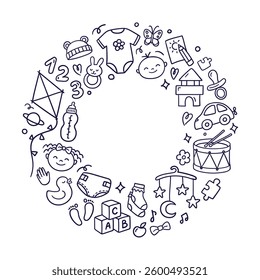 Frame with doodles of childhood elements. Perfect for kids products, coloring pages, and nursery designs. Hand-drawn vector illustration isolated on a white background.