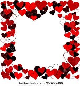 Frame with dotted hearts, plain hearts and plaid hearts