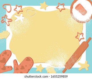 Frame dough cookies, great design for any purposes.
Sweet traditional bake. Baking background. Christmas baking. Food ingredients, cooking, food preparation concept. Flat vector illustration.

