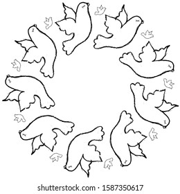 Frame with dove. Flying bird. Hand drawn linocut style trendy and expressive vector. Isolated on white