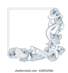 Frame drawing color seashells on white background.