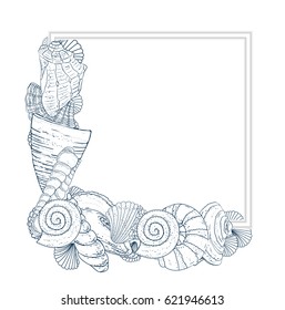 Frame drawing color seashells on white background.