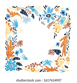 Frame drawn by hand in doodle style , foliage and flowers orange and blue colour, plants for your design. Floral background. Copy space.