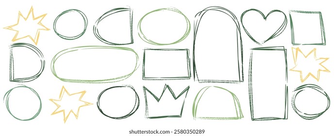 Frame drawn from pencil crayon scribbles. Simple shape like circle, square, rectangle, heart, star, crown, lightning. Colorful doodle element illustration with grunge texture. Isolated photoframe