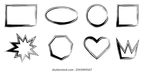 Frame drawn with rough brush in the form of square, circle, star and heart. Rectangle and crown outline in grunge style