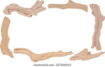 Frame of driftwood isolated on white background. Tree branches, wood sticks. Hand drawn vector.	