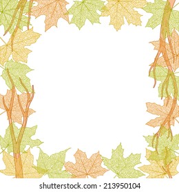 Frame of dry autumn maple leaves silhouettes falling, vector illustration.