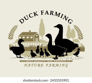 Frame with duck farm objects silhouettes and text for product labels. Vector illustration.	