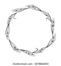 Frame with ears of wheat, barley, grain. Black and whiterealistic sketch wheat ear, whole oat. Illustration of agricultural plant, barley and rye crop, flour production.