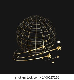 The frame of the earth on a black background, gold stars. Vector