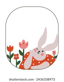 Frame. Easter border. Spring flower arrangement for postcards, congratulations. Naive illustration of a rabbit and flowers	