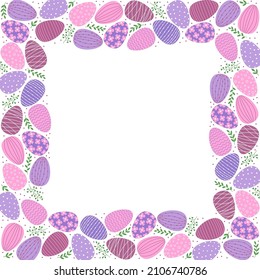 Frame of easter decorated eggs and leaves. Flat style eggs in pink and purple colors. Isolated vector illustration 