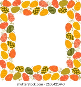 Frame of easter decorated eggs and leaves. Yellow, red and green eggs in flat style. Isolated vector illustration 