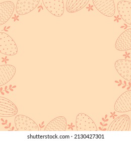 Frame of easter decorated eggs and leaves. Line art red eggs on pink background.
