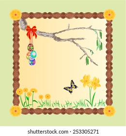Frame easter eggs and a birch twig and butterfly place for text vector illustration
