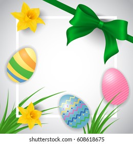 Frame with Easter eggs, bow and narcissus