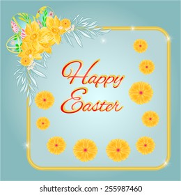 Frame Easter eggs and daffodils turquoise background place for text vector illustration