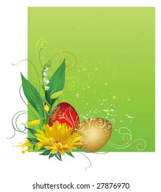 Frame with Easter eggs and flowers. All elements and textures are individual objects. Vector illustration scale to any size.
