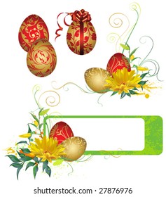 Frame with Easter eggs and flowers. All elements and textures are individual objects. Vector illustration scale to any size.