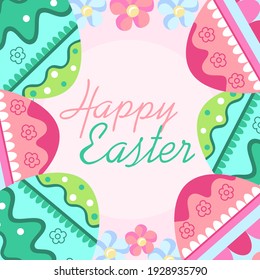 Marco con huevos de Pascua con letras. Rosa, verde, rojo, naranja. Elementos aislados para tarjeta de felicitación de Pascua, plantilla para invitación, banner, carteles de venta, anuncios.Vector EPS 10.