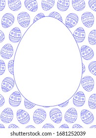 Frame of easter eggs. Eggs with a pattern. You can place your text in a frame. Monochrome outline drawing Isolated on a white background. Vector stock illustration.