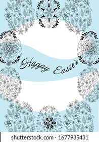 Frame of Easter eggs. Vertical greeting card. Happy Easter. Eggs are decorated with floral ornaments.  Light blue color. Vector illustration.