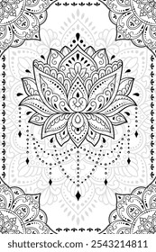 Marco en la tradición oriental con Lotus. Estilizado con el patrón decorativo de los tatuajes de la henna para decorar las cubiertas para el libro, el cuaderno, el ataúd, la revista, la postal y la carpeta. Borde de flores en estilo mehndi.
