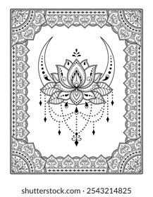 Frame in eastern tradition with Lotus. Stylized with henna tattoos decorative pattern for decorating covers for book, notebook, casket, magazine, postcard and folder. Flower border in mehndi style.