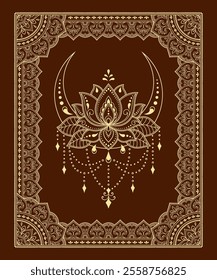 Frame in eastern tradition with Lotus. Stylized with henna tattoos decorative pattern for decorating covers for book, notebook, casket, magazine, postcard and folder. Flower border in mehndi style.