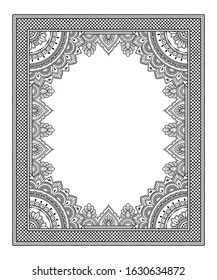 Frame in eastern tradition. Stylized with henna tattoos decorative pattern for decorating covers for book, notebook, casket, magazine, postcard and folder. Flower mandala in mehndi style.