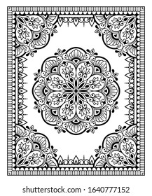 Frame in eastern tradition. Stylized with henna tattoos decorative pattern for decorating covers for book, notebook, casket, magazine, postcard and folder. Flower mandala in mehndi style.
