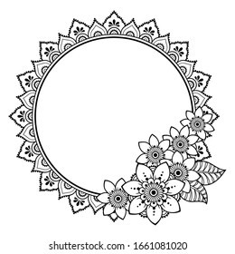 Frame in eastern tradition. Stylized with henna tattoos decorative pattern for decorating covers for book, notebook, casket, magazine, postcard and folder. Flower mandala in mehndi style.