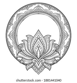 Frame in eastern tradition. Stylized with henna tattoos decorative pattern for decorating covers for book, notebook, casket, magazine, postcard and folder. Lotus flower mandala in mehndi style.