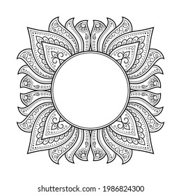 Frame in eastern tradition. Stylized with henna tattoos decorative pattern for decorating covers for book, notebook, casket, magazine, postcard and folder. Flower mandala in mehndi style.