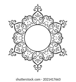 Frame in eastern tradition. Stylized with henna tattoos decorative pattern for decorating covers for book, notebook, casket, magazine, postcard and folder. Flower mandala in mehndi style.