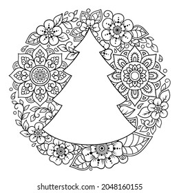 Marco de la tradición oriental. Estilizado con tatuajes de henna patrón decorativo para la decoración de carátulas para libro, cuaderno, cajón, revista, postal y carpeta. Árbol de Año Nuevo al estilo de mehndi.