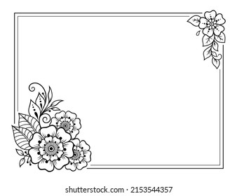 Marco de la tradición oriental. Estilizado con tatuajes de henna patrón decorativo para la decoración de carátulas para libro, cuaderno, cajón, revista, postal y carpeta. Borde de flores de estilo mehndi.