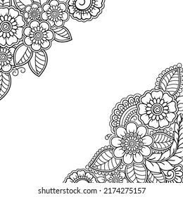 Marco de la tradición oriental. Estilizado con tatuajes de henna patrón decorativo para la decoración de carátulas para libro, cuaderno, cajón, revista, postal y carpeta. Borde de flores de estilo mehndi.